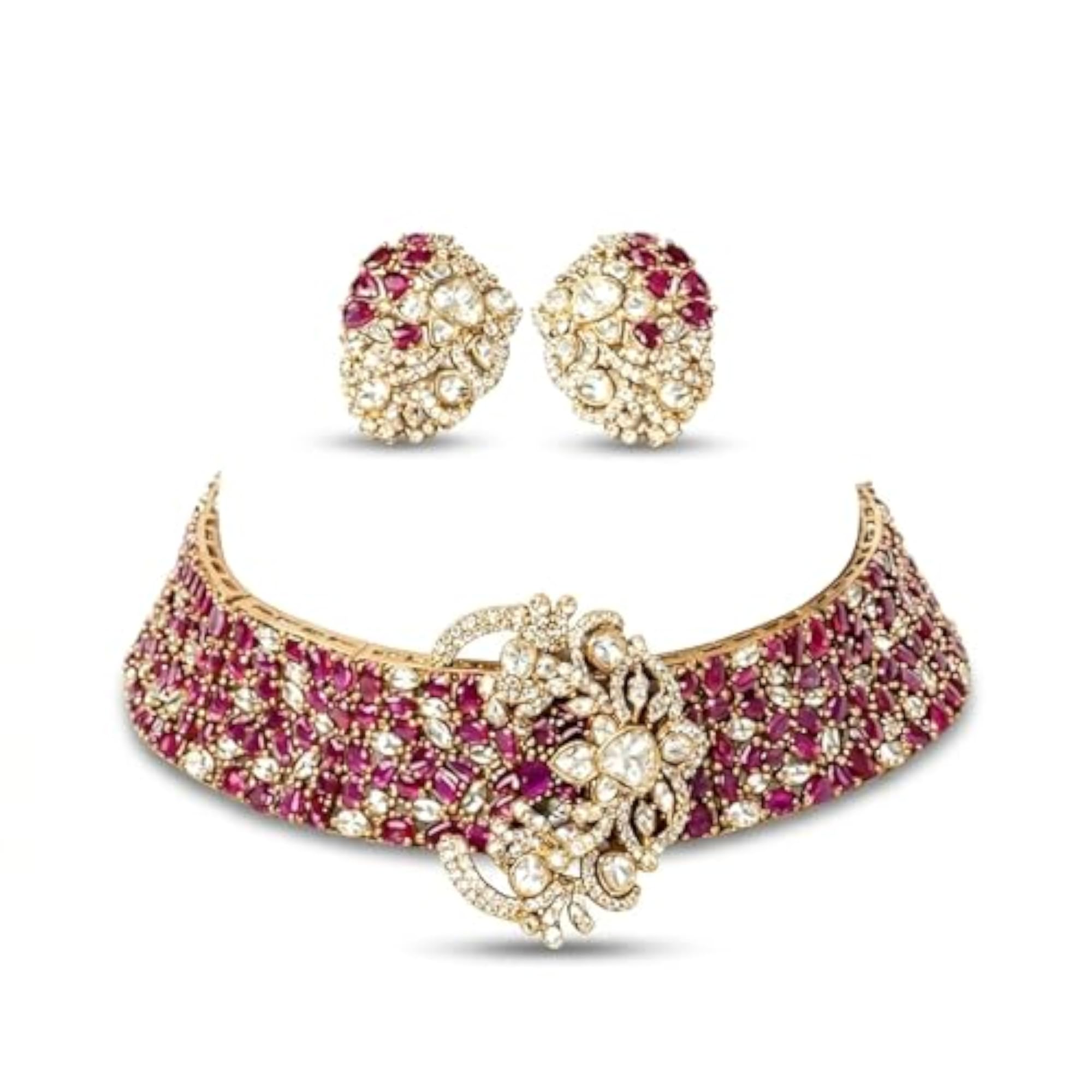 Traditional Ruby & Polki Gold-Plated Choker Necklace Set with Earrings